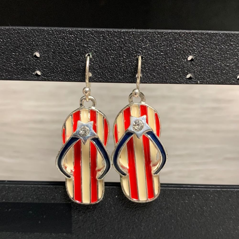 Patriotic Flip Flop Dangle Earrings Red White Blue Enamel Star Rhinestone Summer